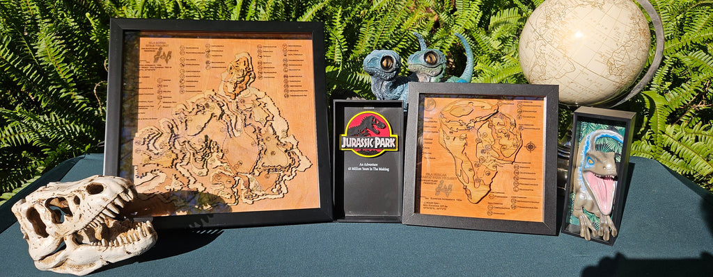 Jurassic Park : The Lost World Topographic Map - Wood-Carved - Isla Sorna - Shadow Box