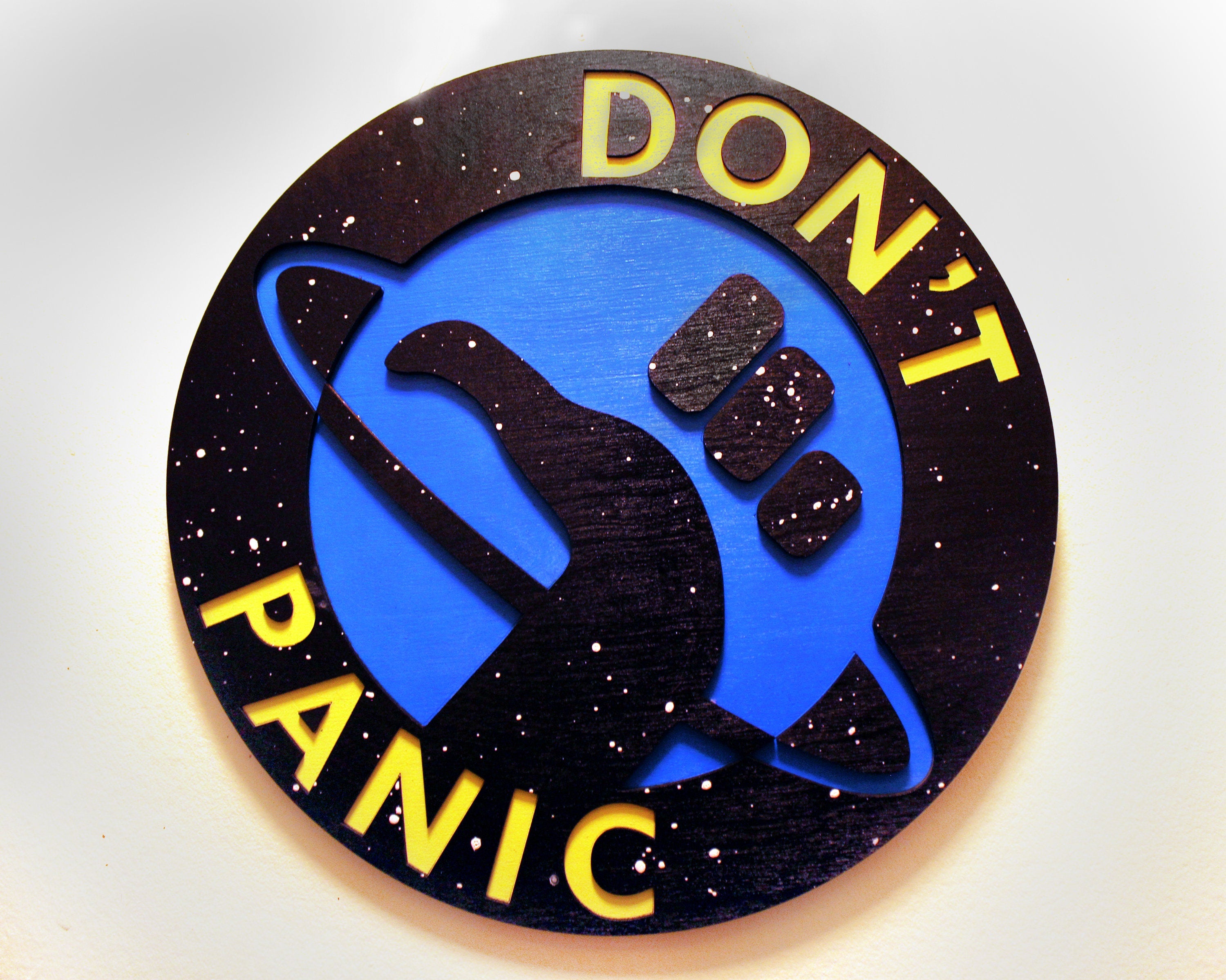 Don't Panic - Hitchhiker's Guide to the Galaxy Logo - Wood Carved Sign - UV Reactive