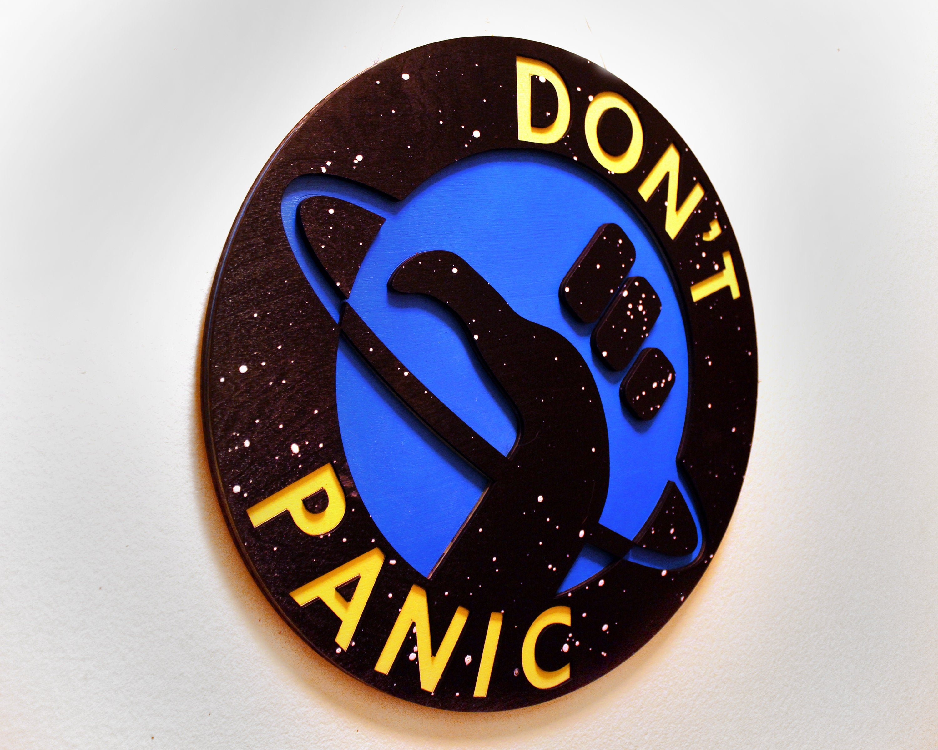 Don't Panic - Hitchhiker's Guide to the Galaxy Logo - Wood Carved Sign - UV Reactive