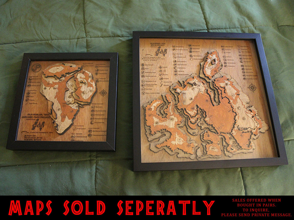 Jurassic Park : The Lost World Topographic Map - Wood-Carved - Isla Sorna - Shadow Box