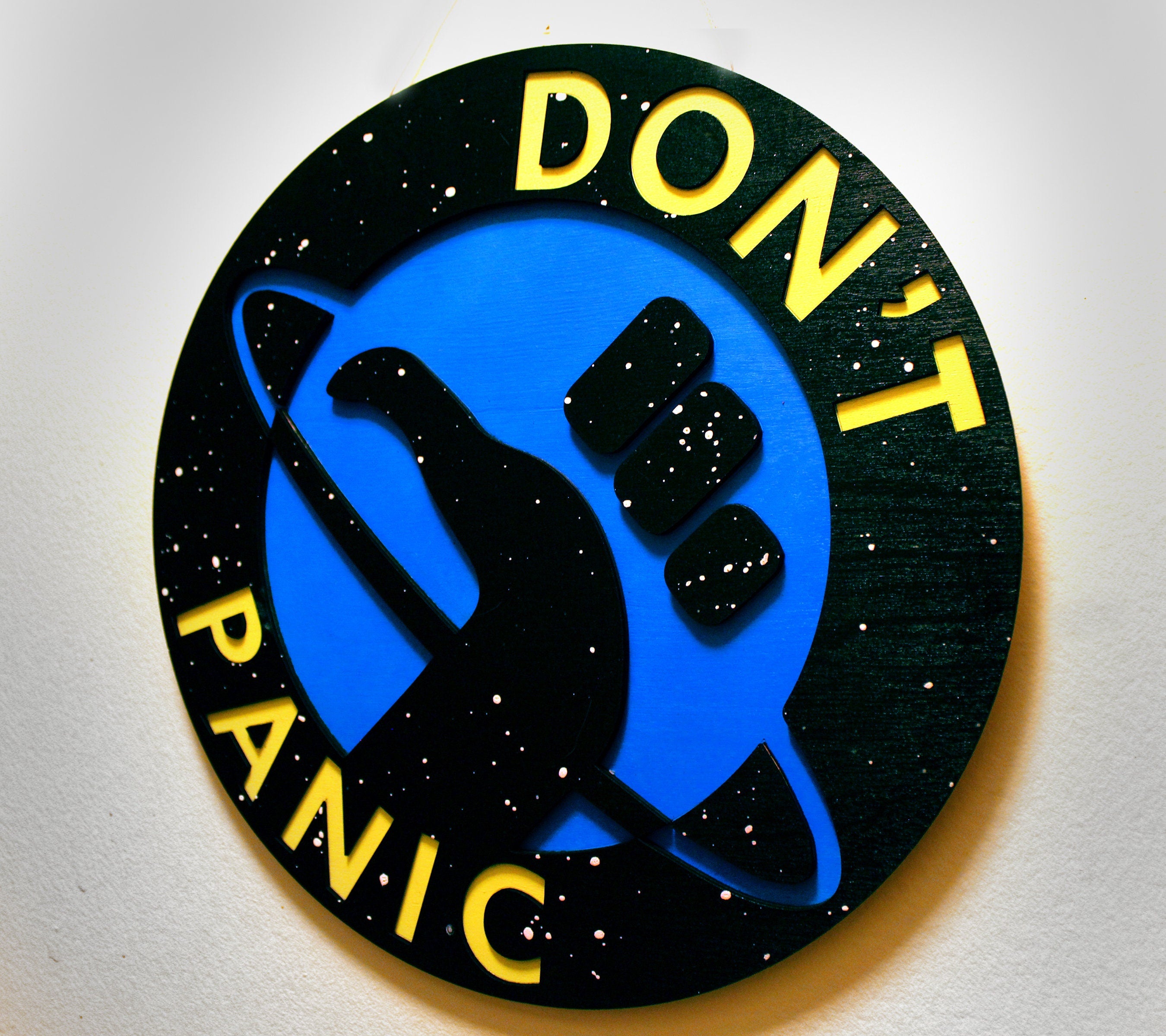 Don't Panic - Hitchhiker's Guide to the Galaxy Logo - Wood Carved Sign - UV Reactive