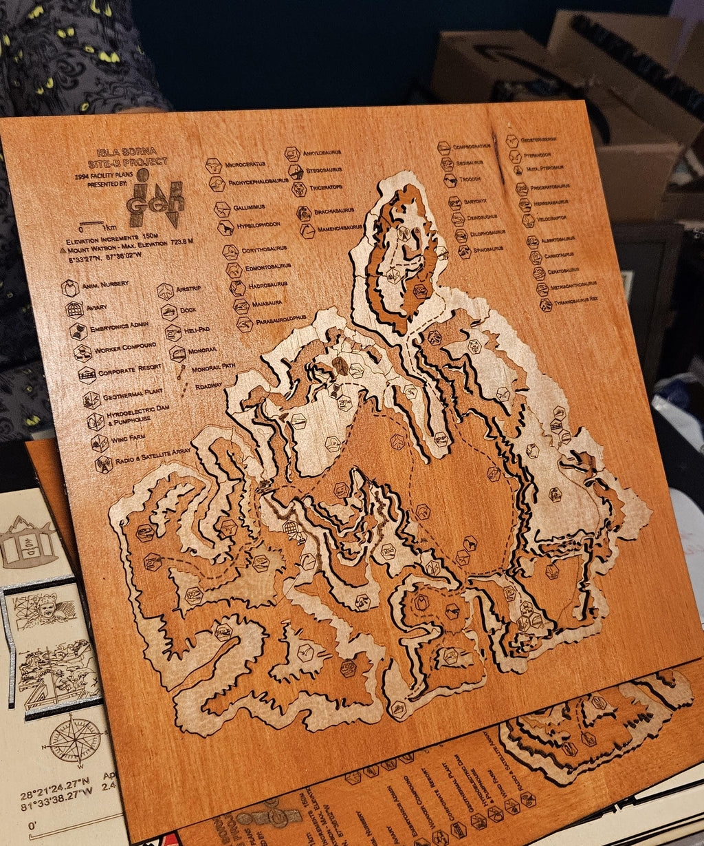 Jurassic Park : The Lost World Topographic Map - Wood-Carved - Isla Sorna - Shadow Box