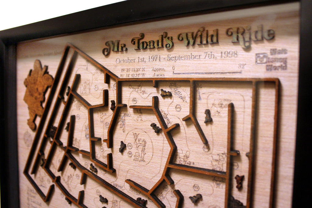 Mr. Toad's Wild Ride Map - Magic Kingdom - Walt Disney World - Wood Relief Carving - Shadow Box