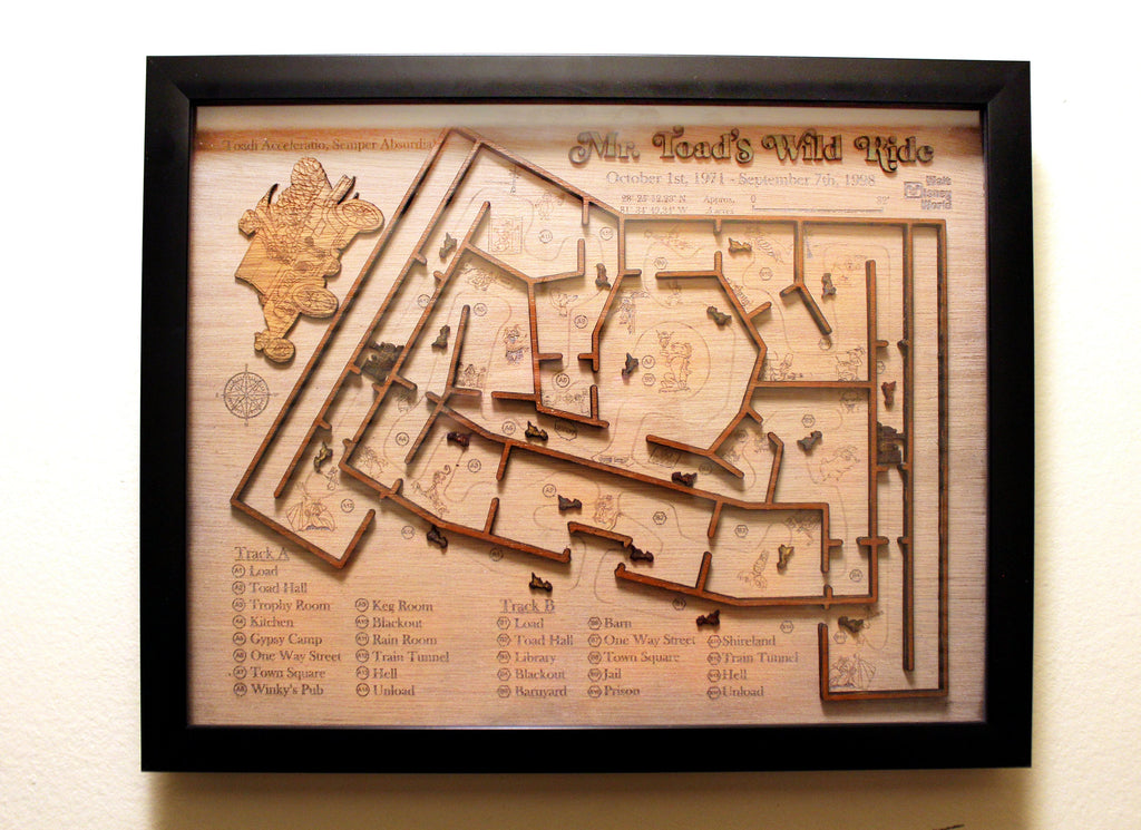 Mr. Toad's Wild Ride Map - Magic Kingdom - Walt Disney World - Wood Relief Carving - Shadow Box