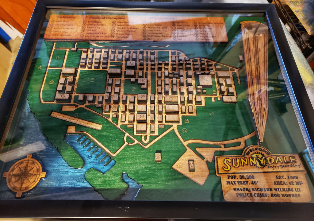 Sunnydale Town Map - Buffy The Vampire Slayer - Wood Relief Carving - Shadow Box