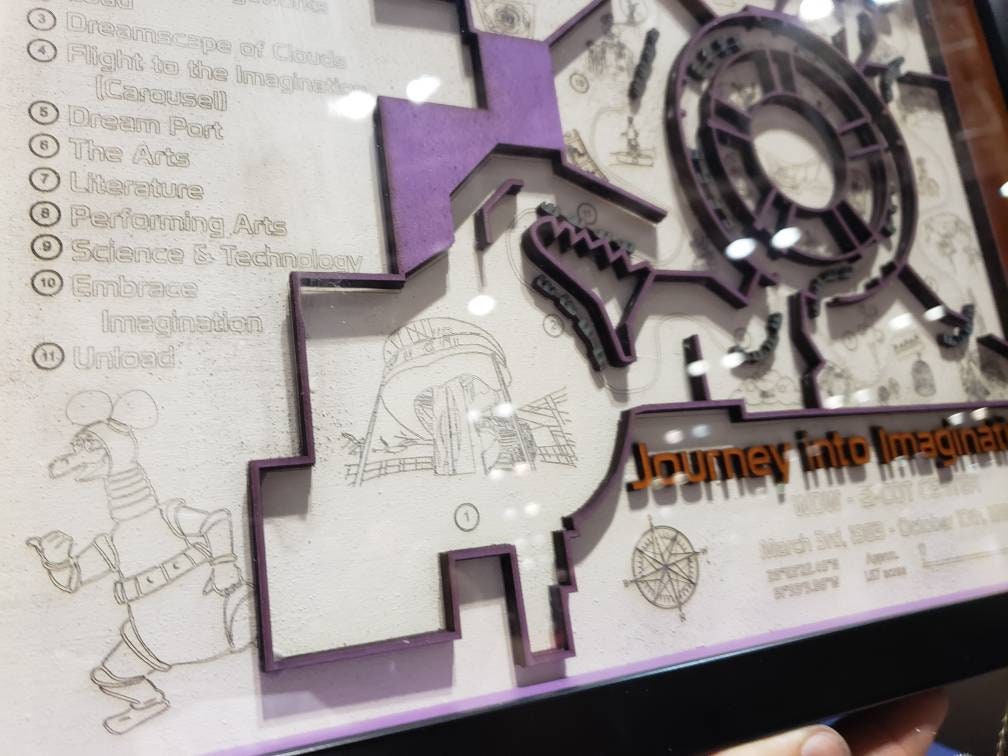 Journey into Imagination Ride Map - Figment - EPCOT - Walt Disney World - Wood Relief Carving - Shadow Box
