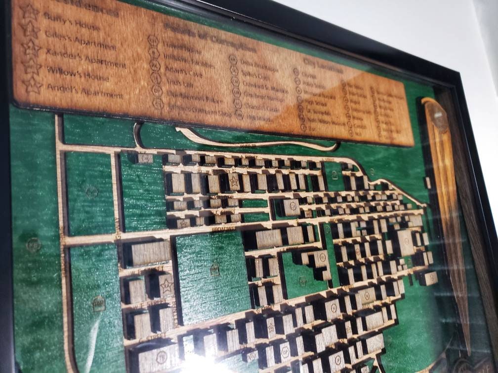 Sunnydale Town Map - Buffy The Vampire Slayer - Wood Relief Carving - Shadow Box