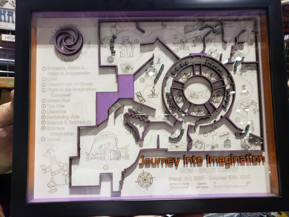 Journey into Imagination Ride Map - Figment - EPCOT - Walt Disney World - Wood Relief Carving - Shadow Box