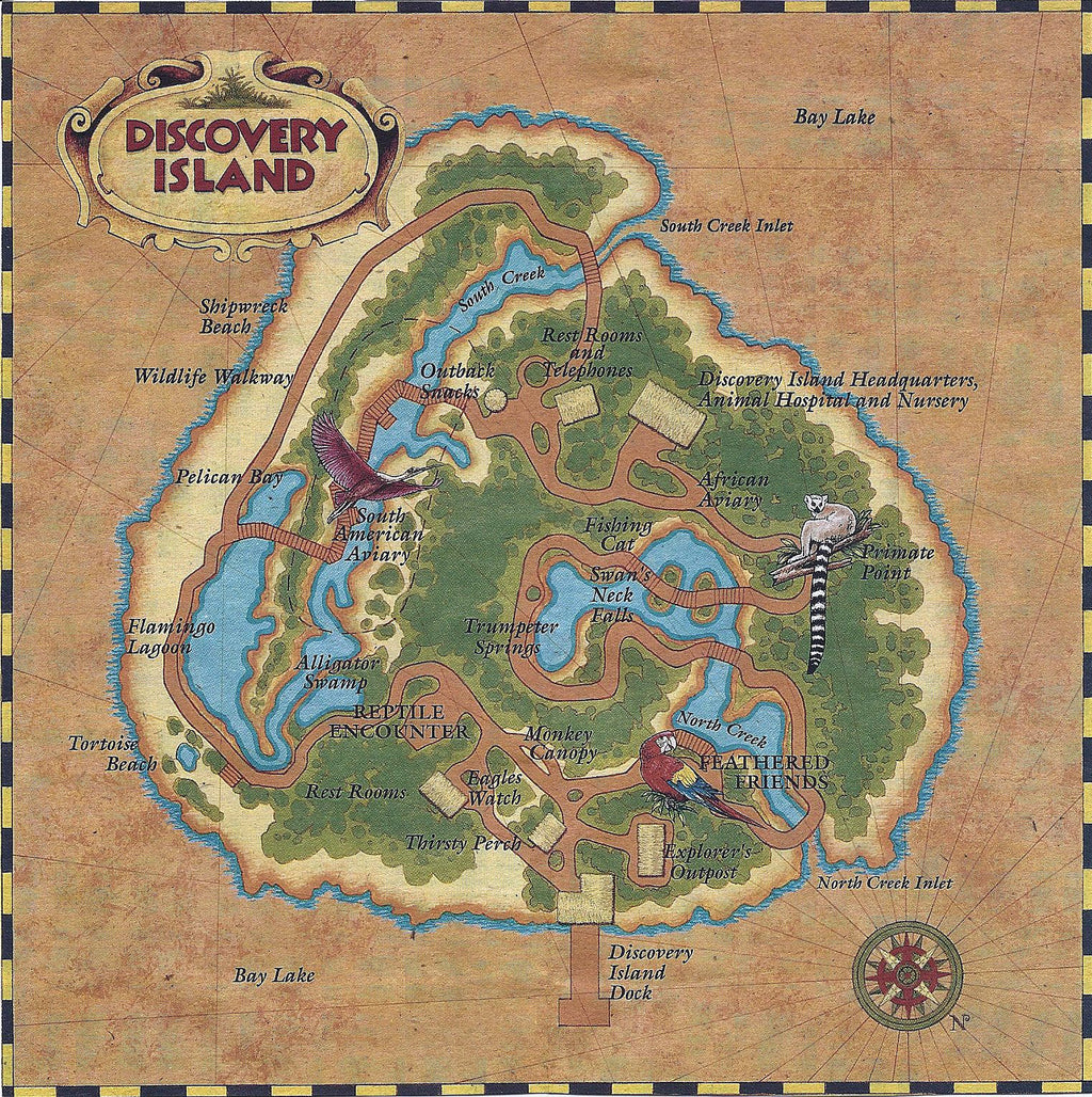 Discovery Island 1999 Park Map - Walt Disney World - Wood Relief Carving - Shadow Box