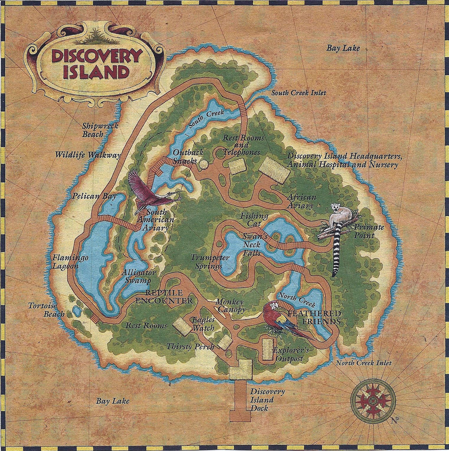 Discovery Island 1999 Park Map - Walt Disney World - Wood Relief Carving - Shadow Box