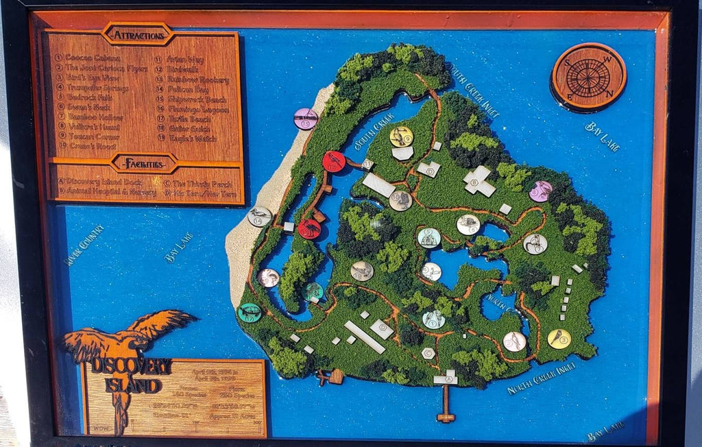 Discovery Island 1999 Park Map - Walt Disney World - Wood Relief Carving - Shadow Box