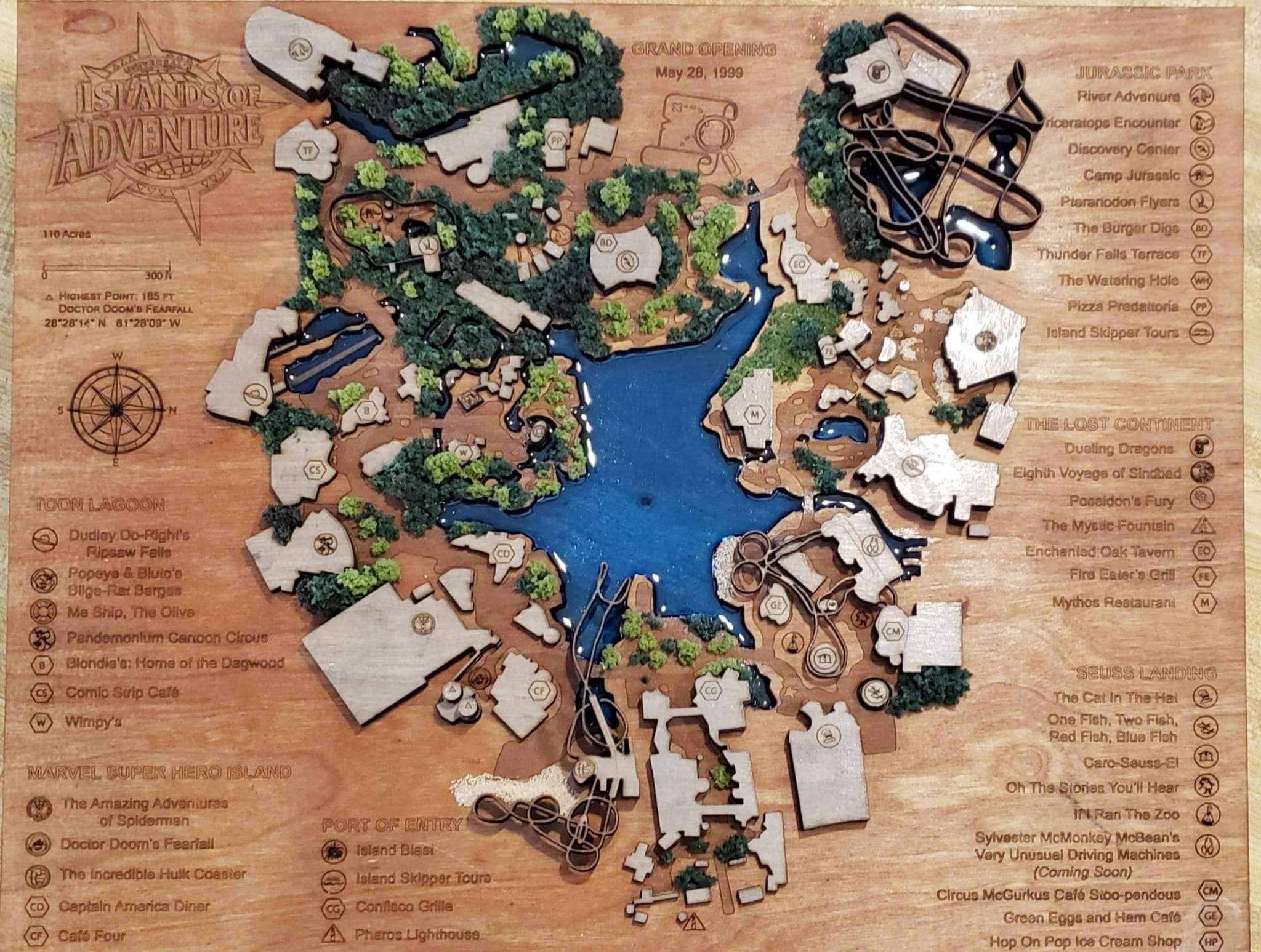 Islands of Adventure 1999 Park Map - Universal Orlando - Wood Relief Carving - Shadow Box