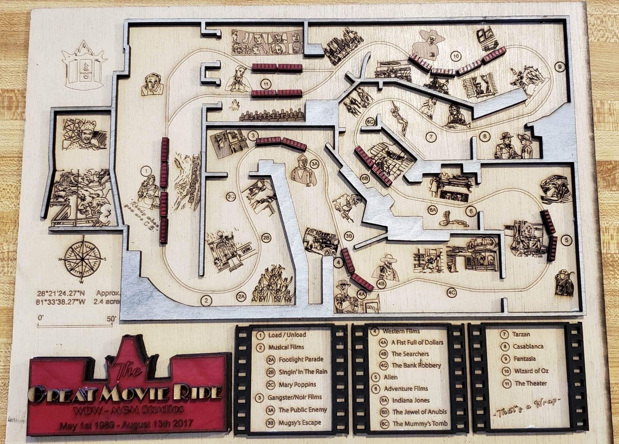 Great Movie Ride Map - MGM Studios - Hollywood Studios - Walt Disney World - Wood Relief Carving - Shadow Box