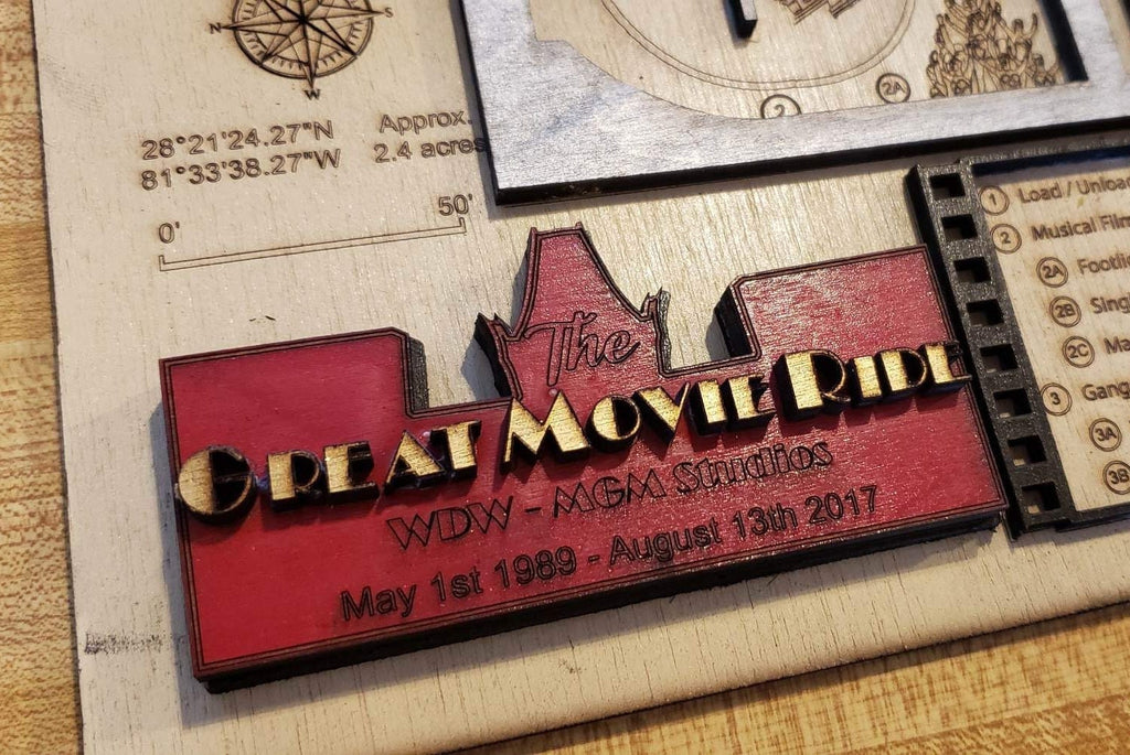 Great Movie Ride Map - MGM Studios - Hollywood Studios - Walt Disney World - Wood Relief Carving - Shadow Box