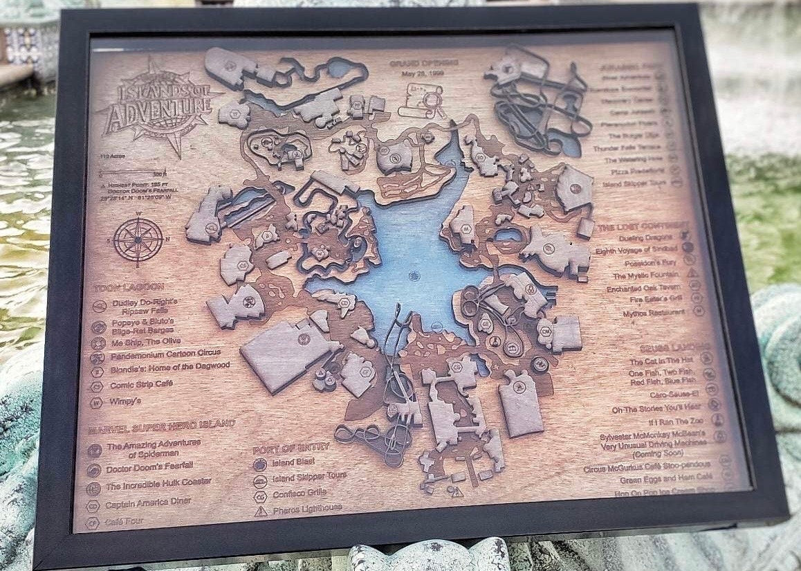 Islands of Adventure 1999 Park Map - Universal Orlando - Wood Relief Carving - Shadow Box