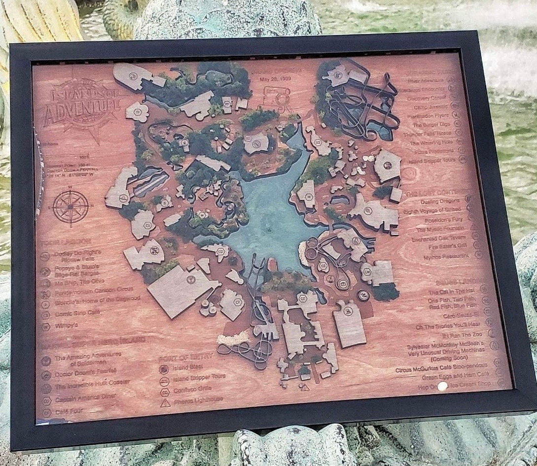 Islands of Adventure 1999 Park Map - Universal Orlando - Wood Relief Carving - Shadow Box