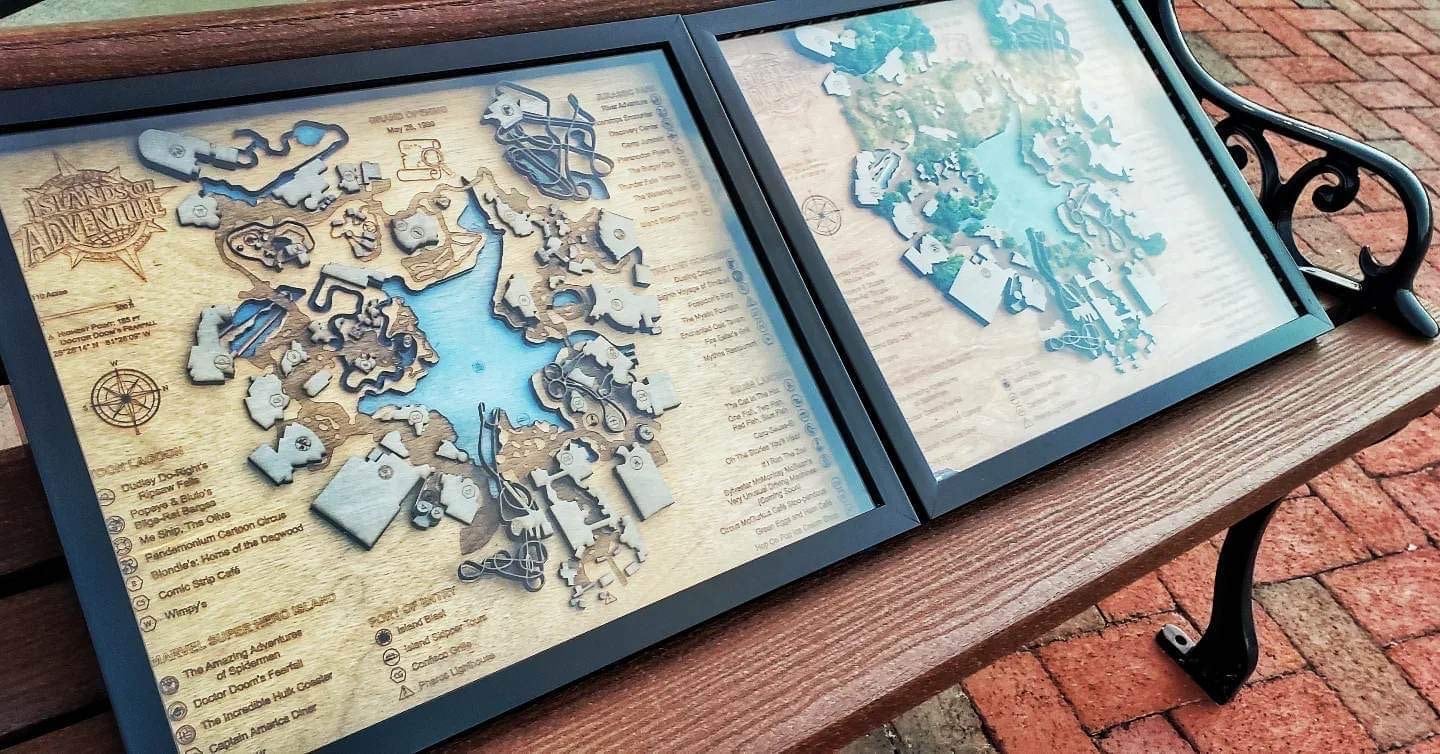 Islands of Adventure 1999 Park Map - Universal Orlando - Wood Relief Carving - Shadow Box