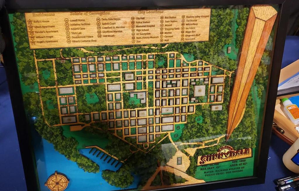 Sunnydale Town Map - Buffy The Vampire Slayer - Wood Relief Carving - Shadow Box