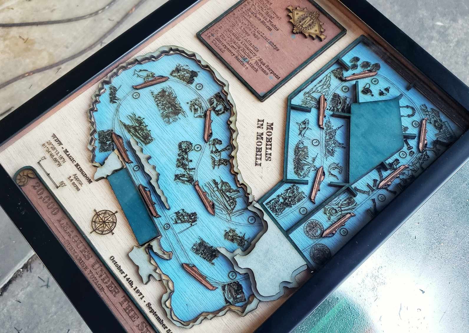 20,000 Leagues Under The Sea Ride Map - Magic Kingdom - Walt Disney World - Wood Relief Carving - Shadow Box