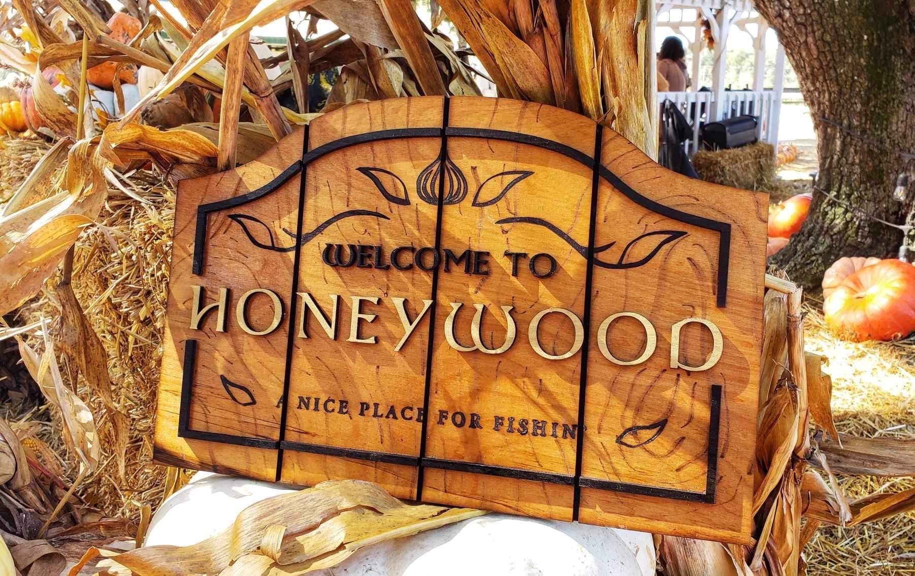 Welcome to Honeywood - Epic NPC Man - Viva La Dirt League - Wood Carved Sign