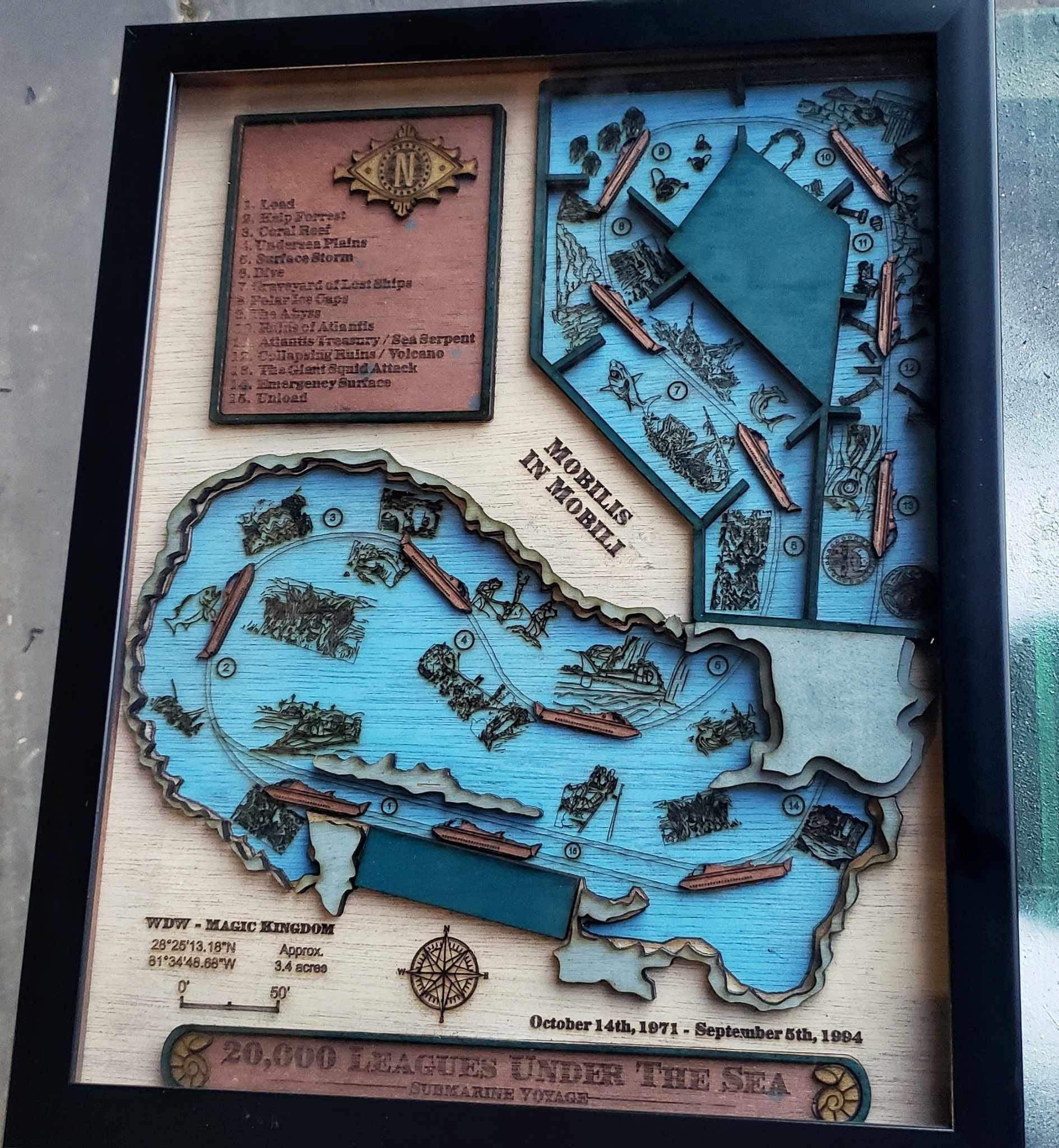 20,000 Leagues Under The Sea Ride Map - Magic Kingdom - Walt Disney World - Wood Relief Carving - Shadow Box