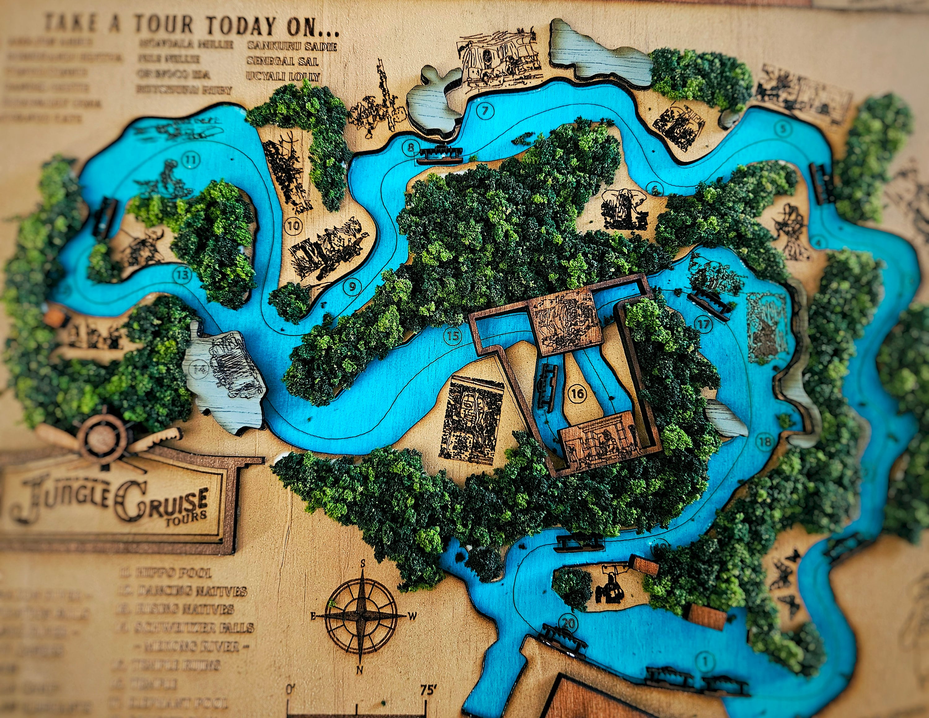 Jungle Cruise Ride Map - Magic Kingdom - Walt Disney World - Wood Relief Carving - Shadow Box