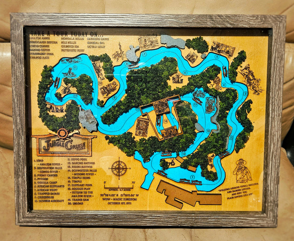Jungle Cruise Ride Map - Magic Kingdom - Walt Disney World - Wood Relief Carving - Shadow Box