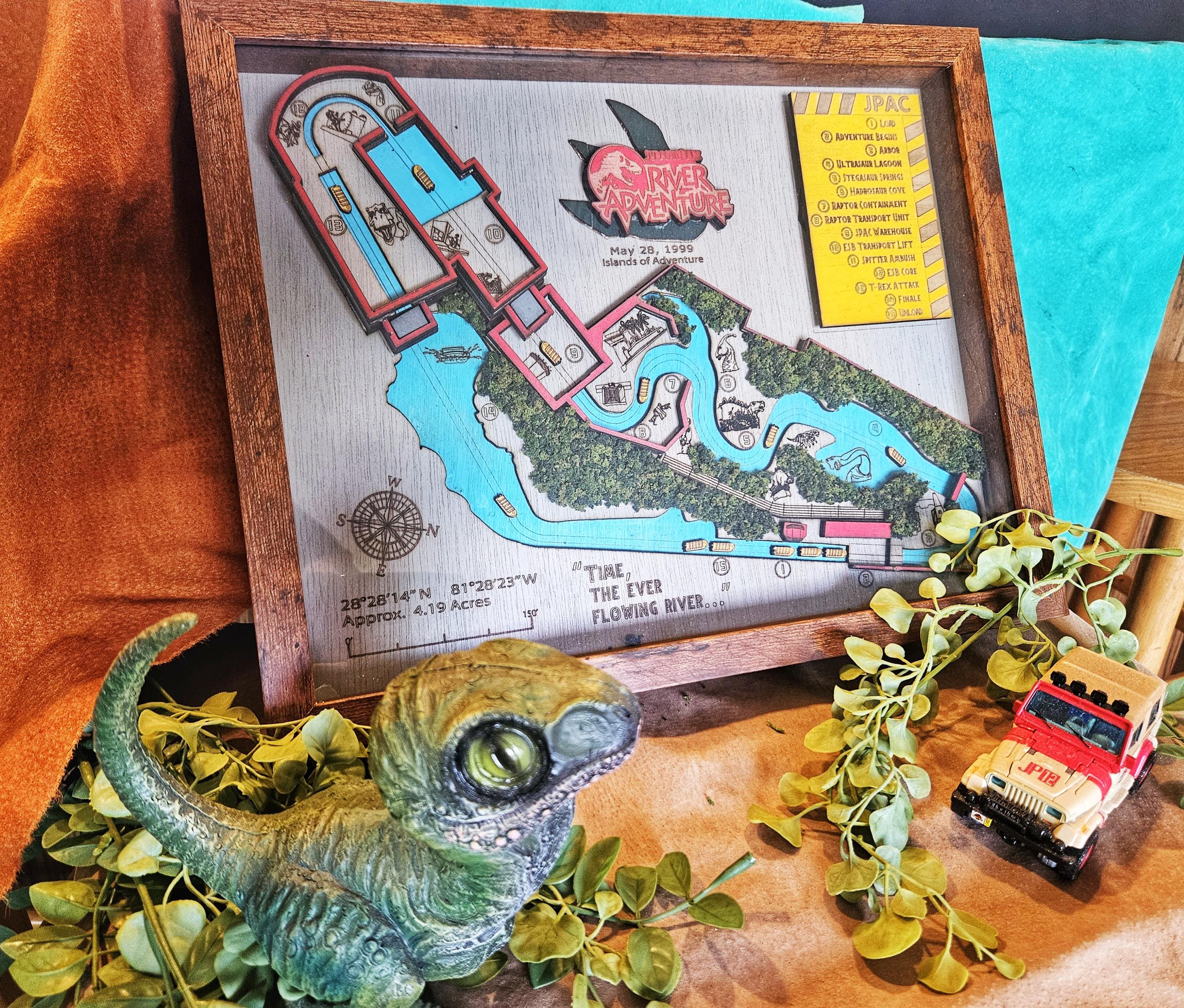 Jurassic Park River Adventure Ride Map - Islands of Adventure - Universal Orlando - Wood Relief Carving - Shadow Box