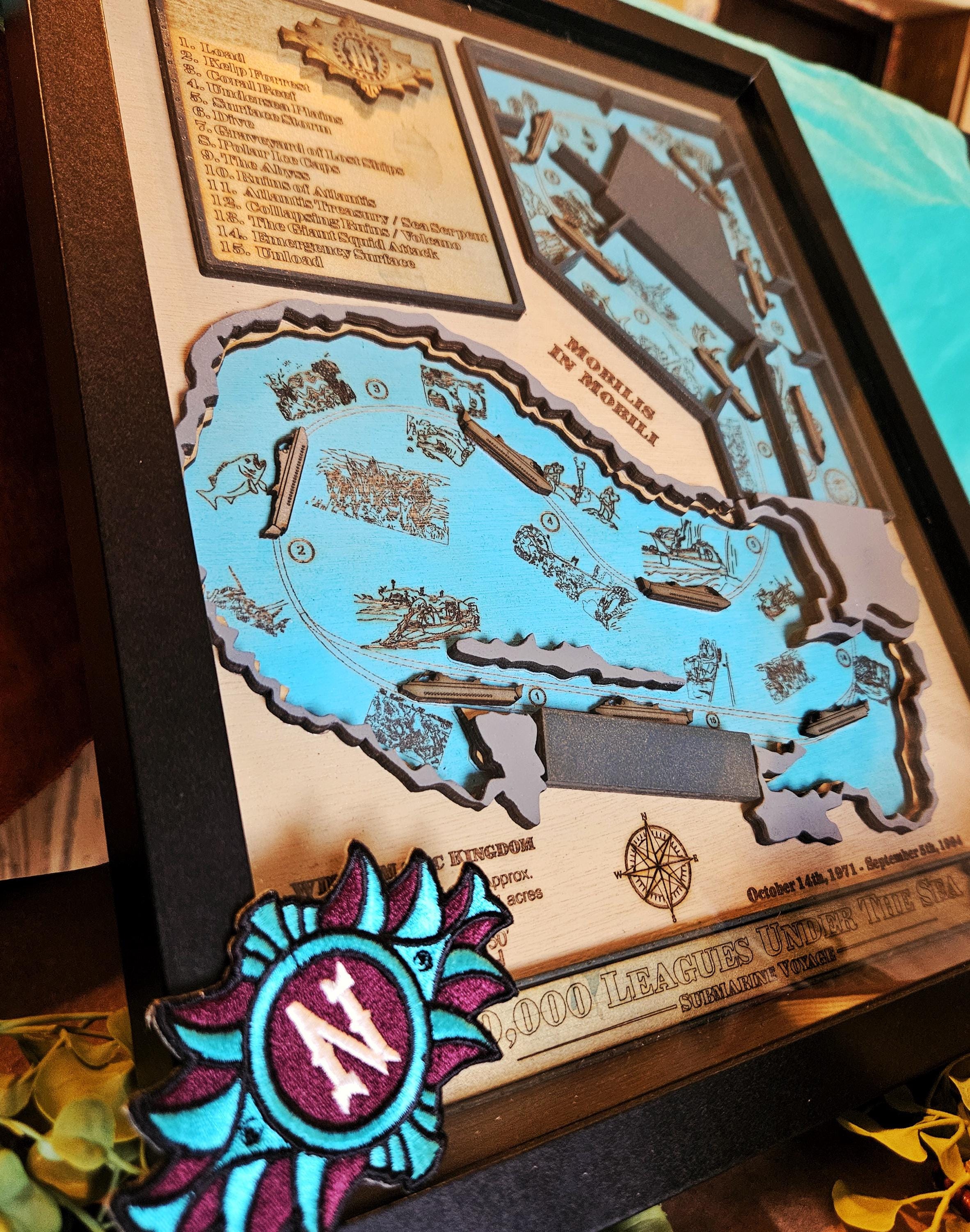 20,000 Leagues Under The Sea Ride Map - Magic Kingdom - Walt Disney World - Wood Relief Carving - Shadow Box