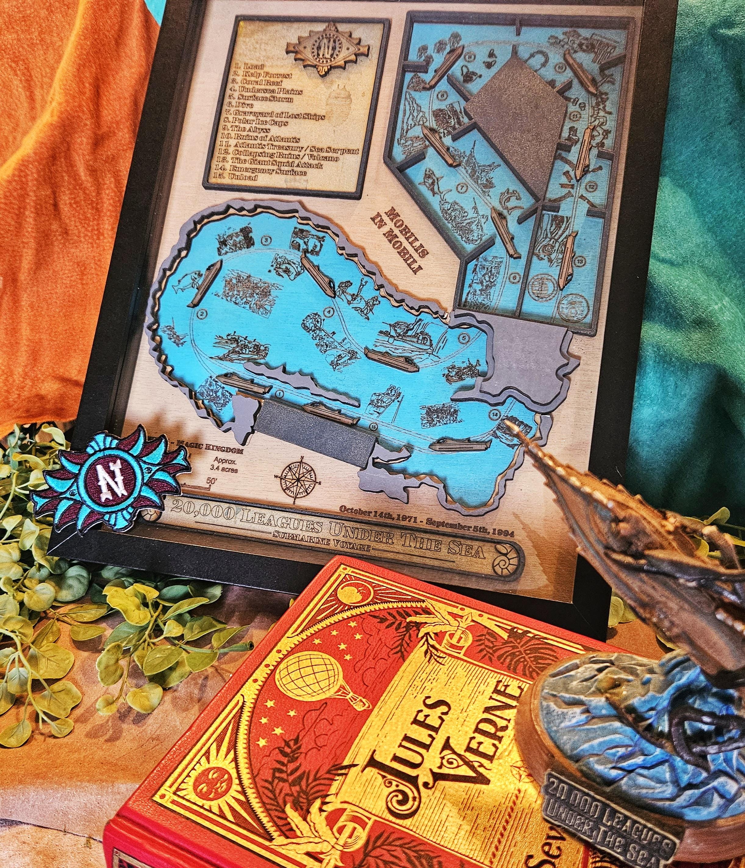 20,000 Leagues Under The Sea Ride Map - Magic Kingdom - Walt Disney World - Wood Relief Carving - Shadow Box
