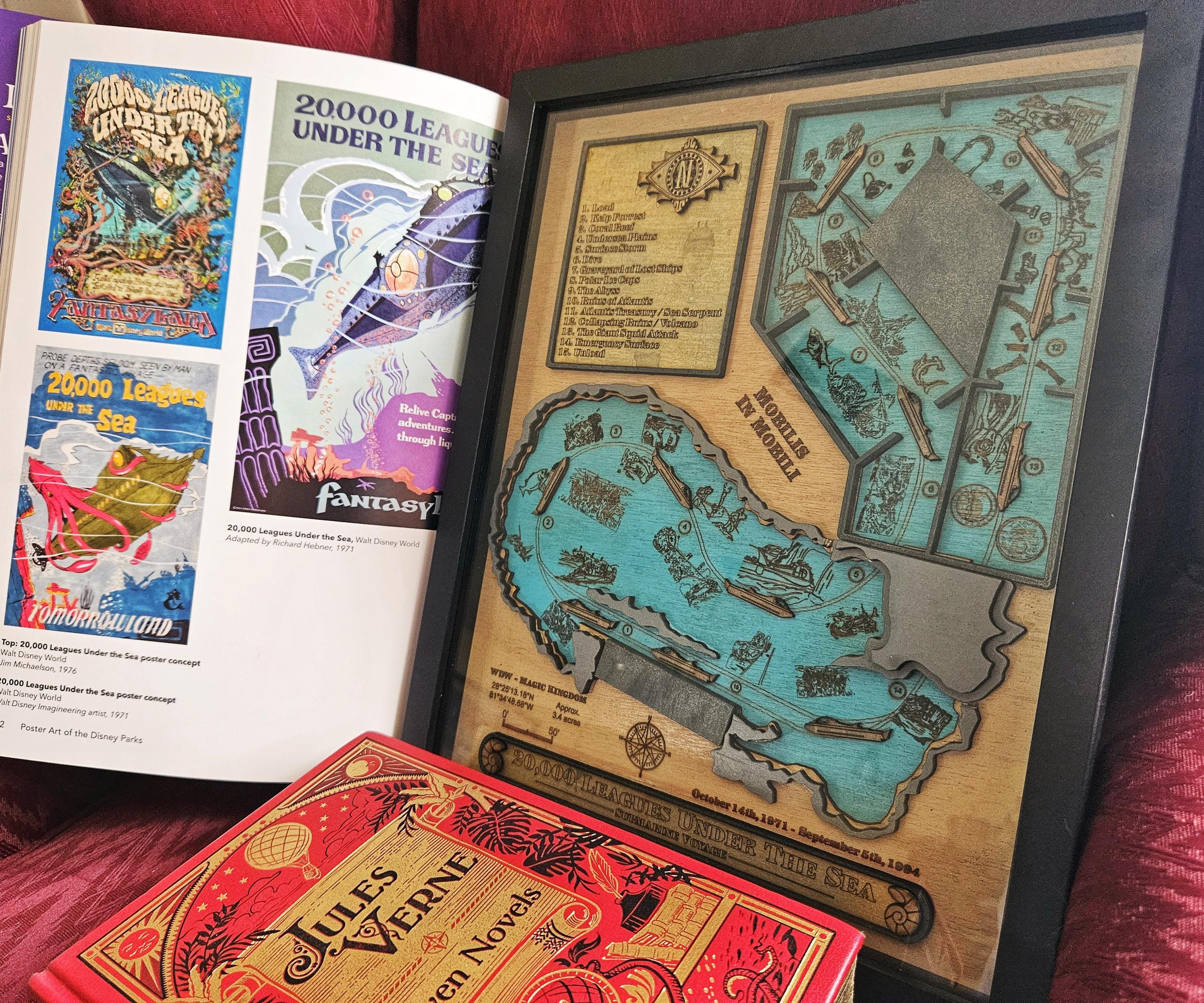 20,000 Leagues Under The Sea Ride Map - Magic Kingdom - Walt Disney World - Wood Relief Carving - Shadow Box