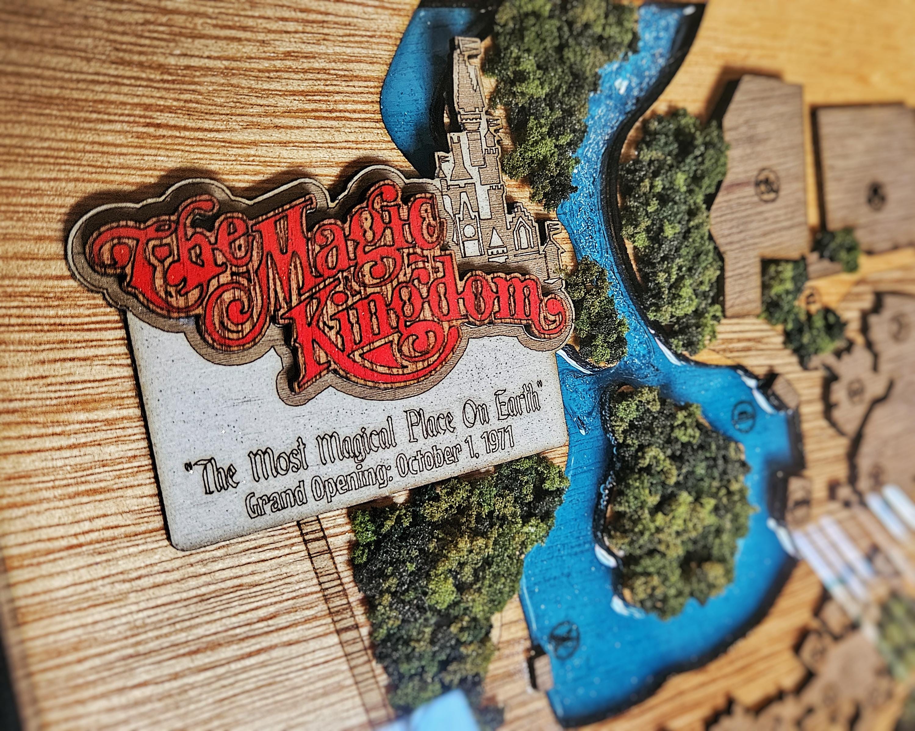 Magic Kingdom 1971 Park Map - Walt Disney World - Wood Relief Carving - Shadow Box