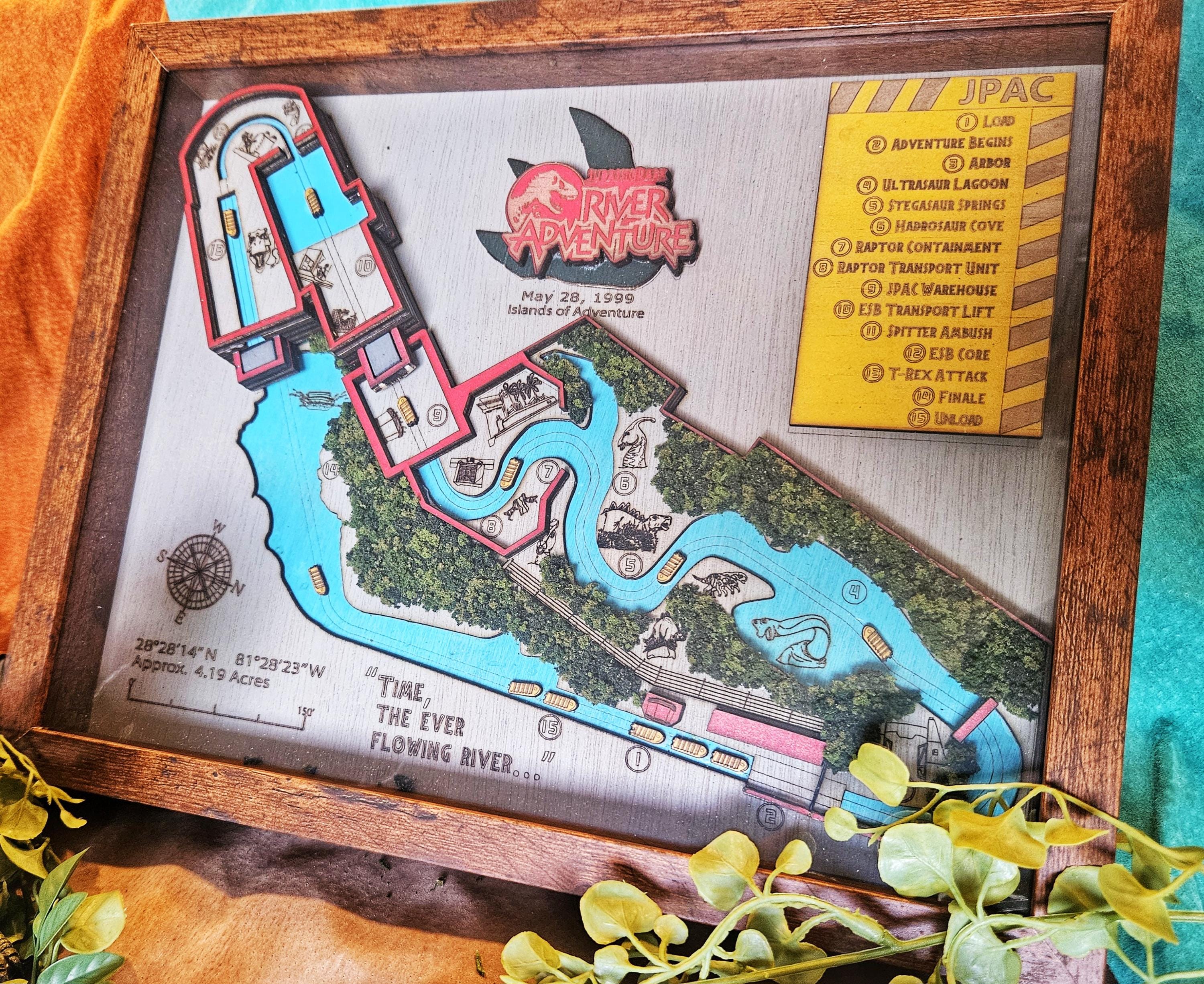 Jurassic Park River Adventure Ride Map - Islands of Adventure - Universal Orlando - Wood Relief Carving - Shadow Box