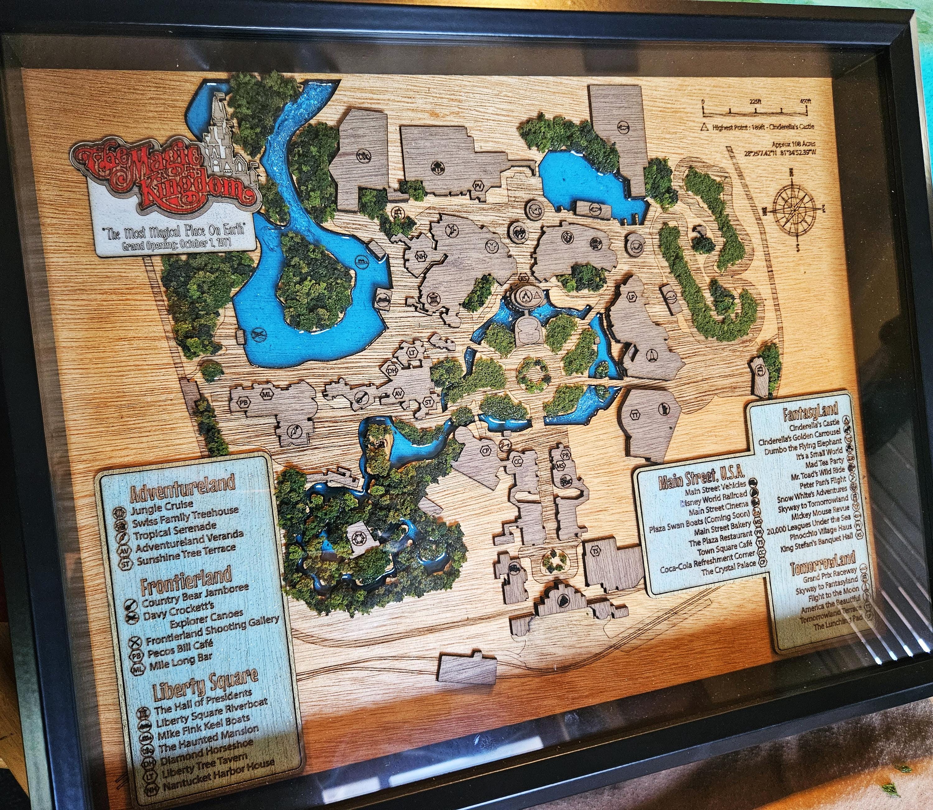 Magic Kingdom 1971 Park Map - Walt Disney World - Wood Relief Carving - Shadow Box