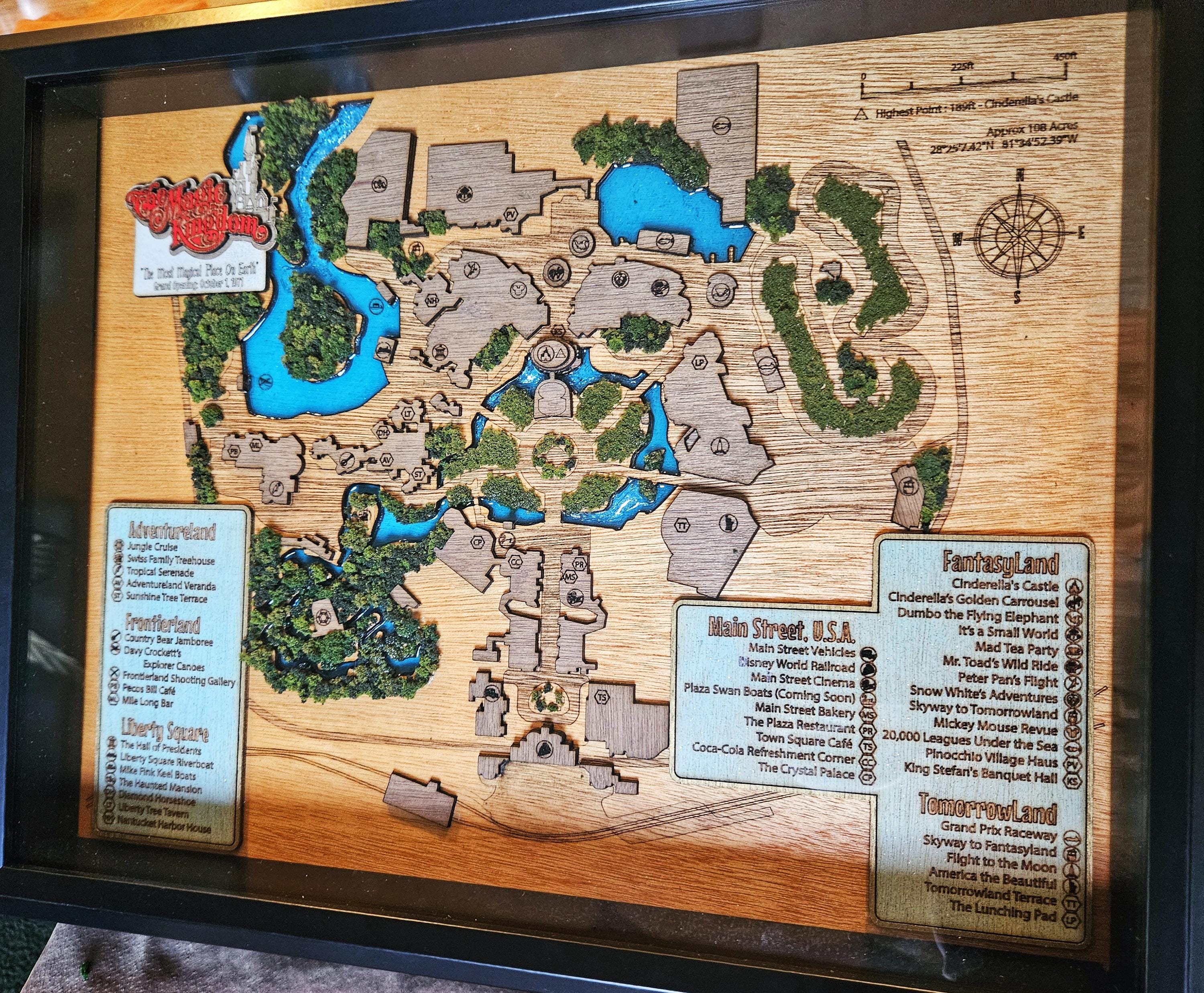 Magic Kingdom 1971 Park Map - Walt Disney World - Wood Relief Carving - Shadow Box