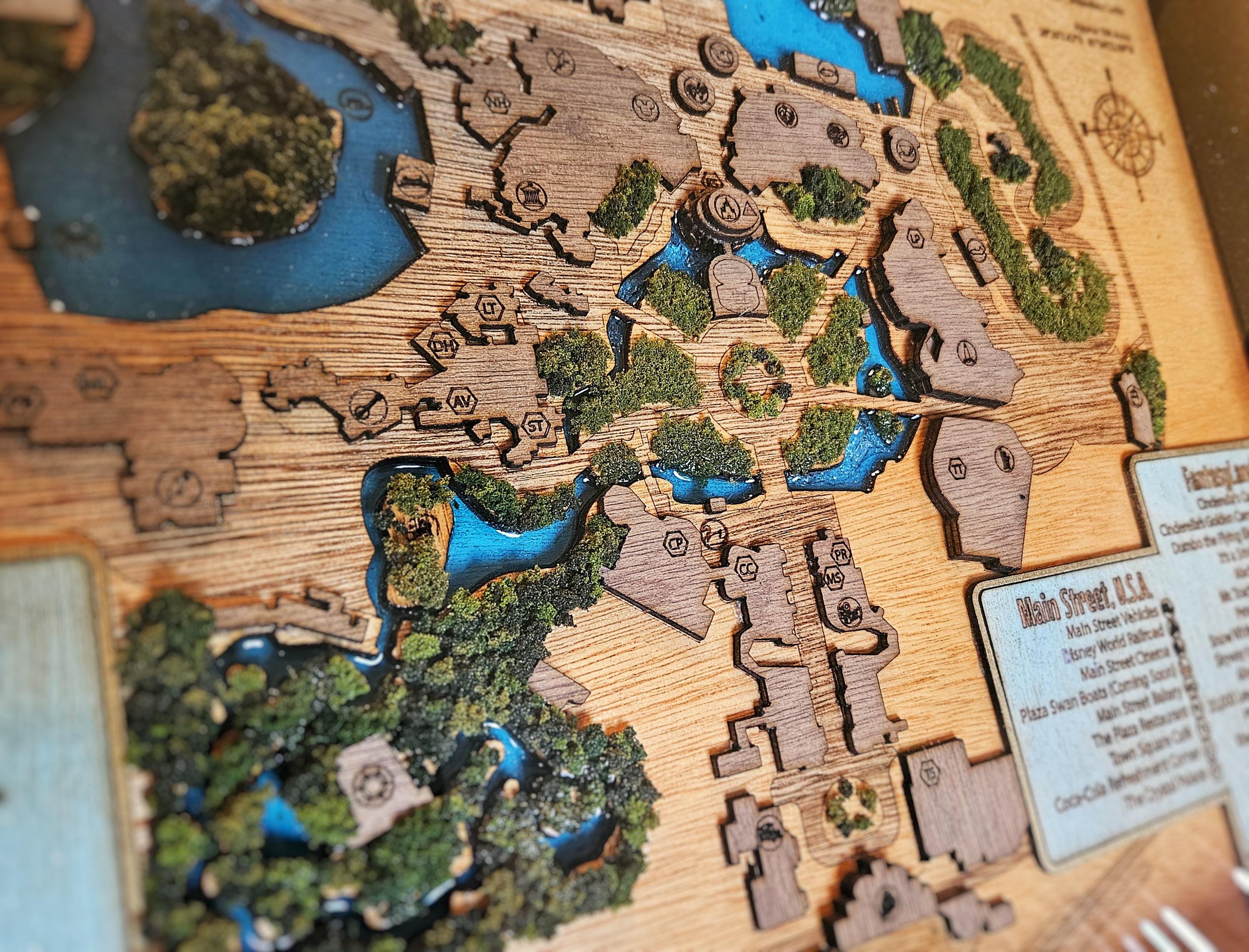 Magic Kingdom 1971 Park Map - Walt Disney World - Wood Relief Carving - Shadow Box