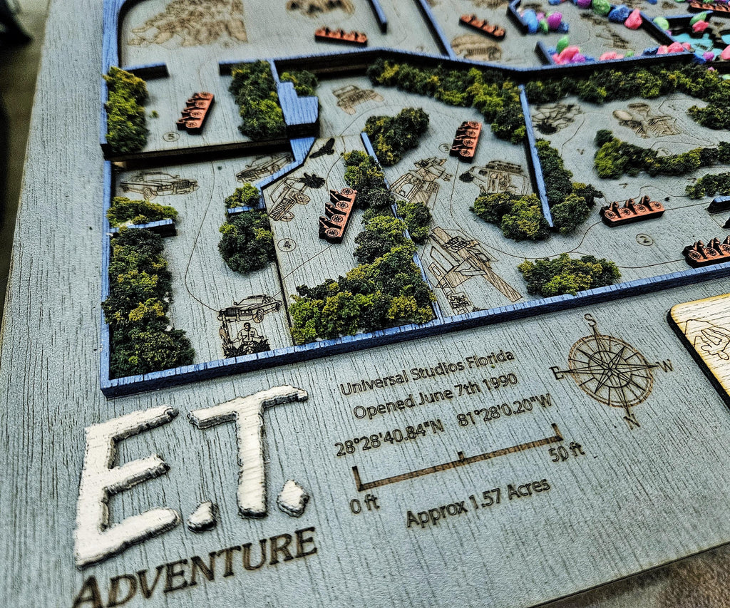 E.T. Adventure Ride Map - Universal Studios Florida - Wood Relief Carving - Shadow Box