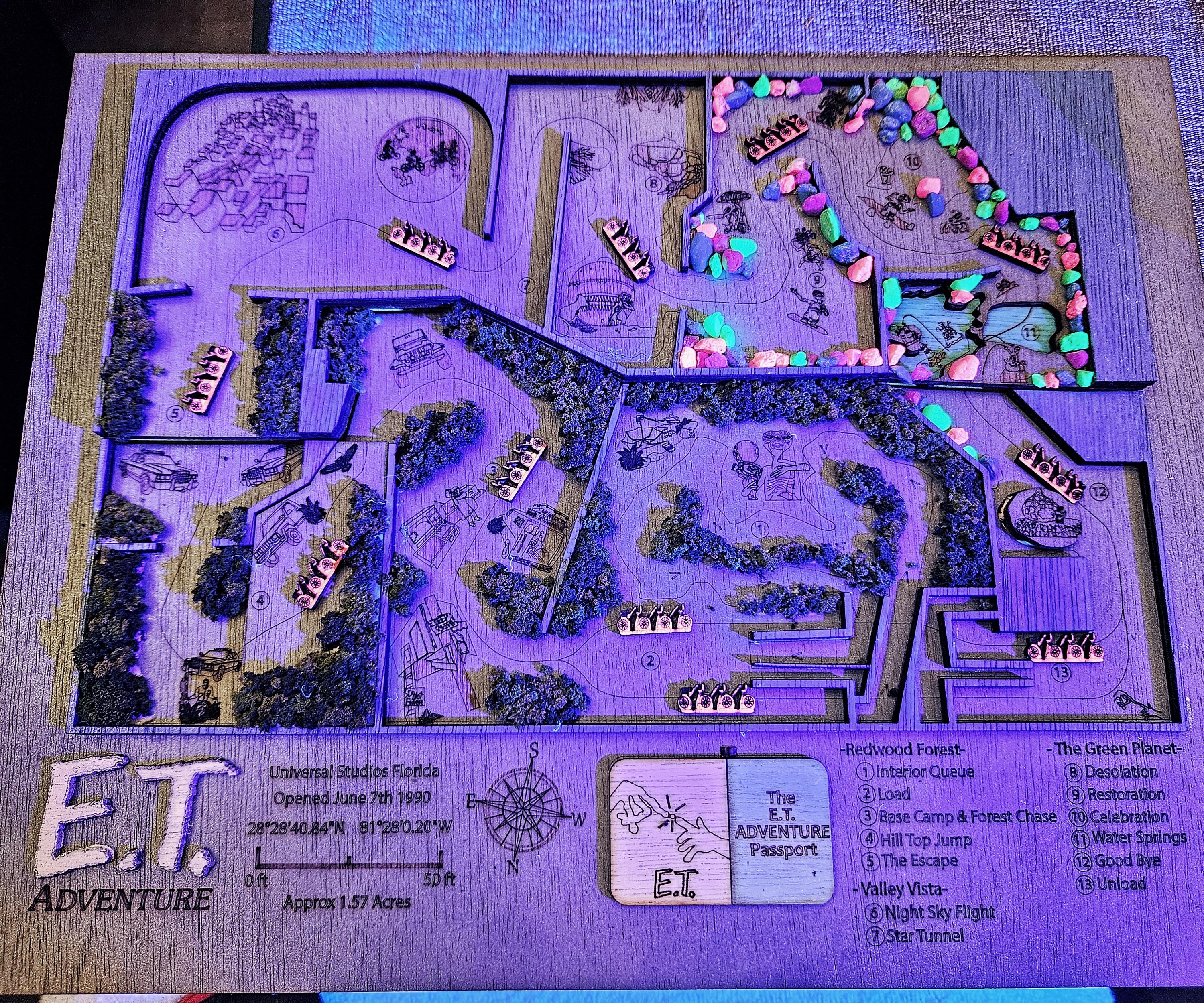E.T. Adventure Ride Map - Universal Studios Florida - Wood Relief Carving - Shadow Box