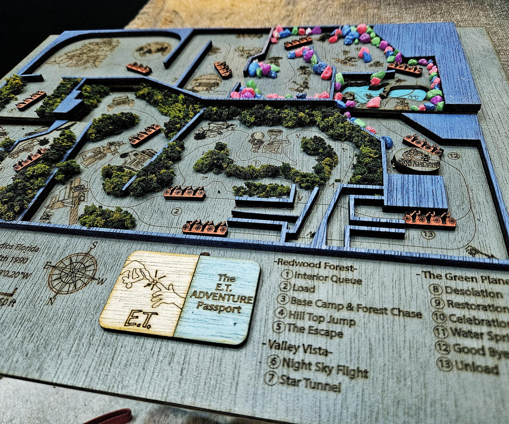 E.T. Adventure Ride Map - Universal Studios Florida - Wood Relief Carving - Shadow Box