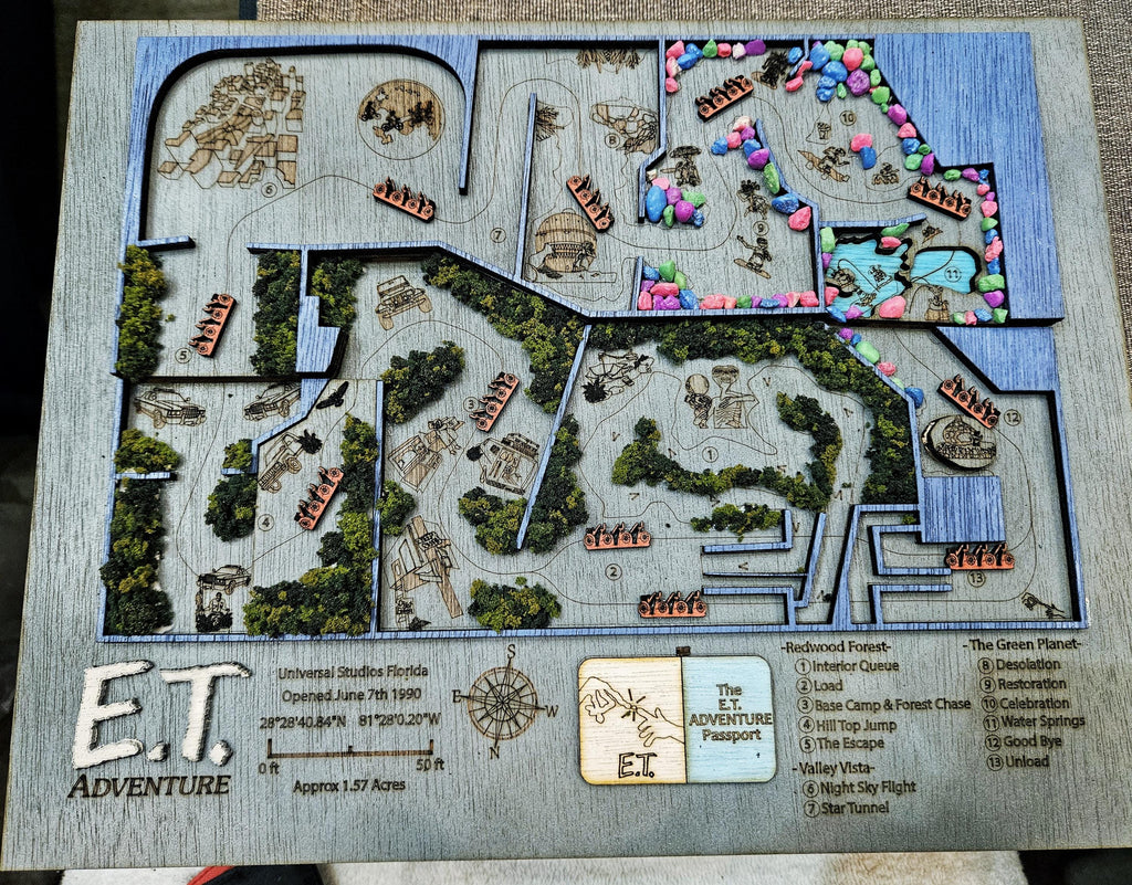 E.T. Adventure Ride Map - Universal Studios Florida - Wood Relief Carving - Shadow Box